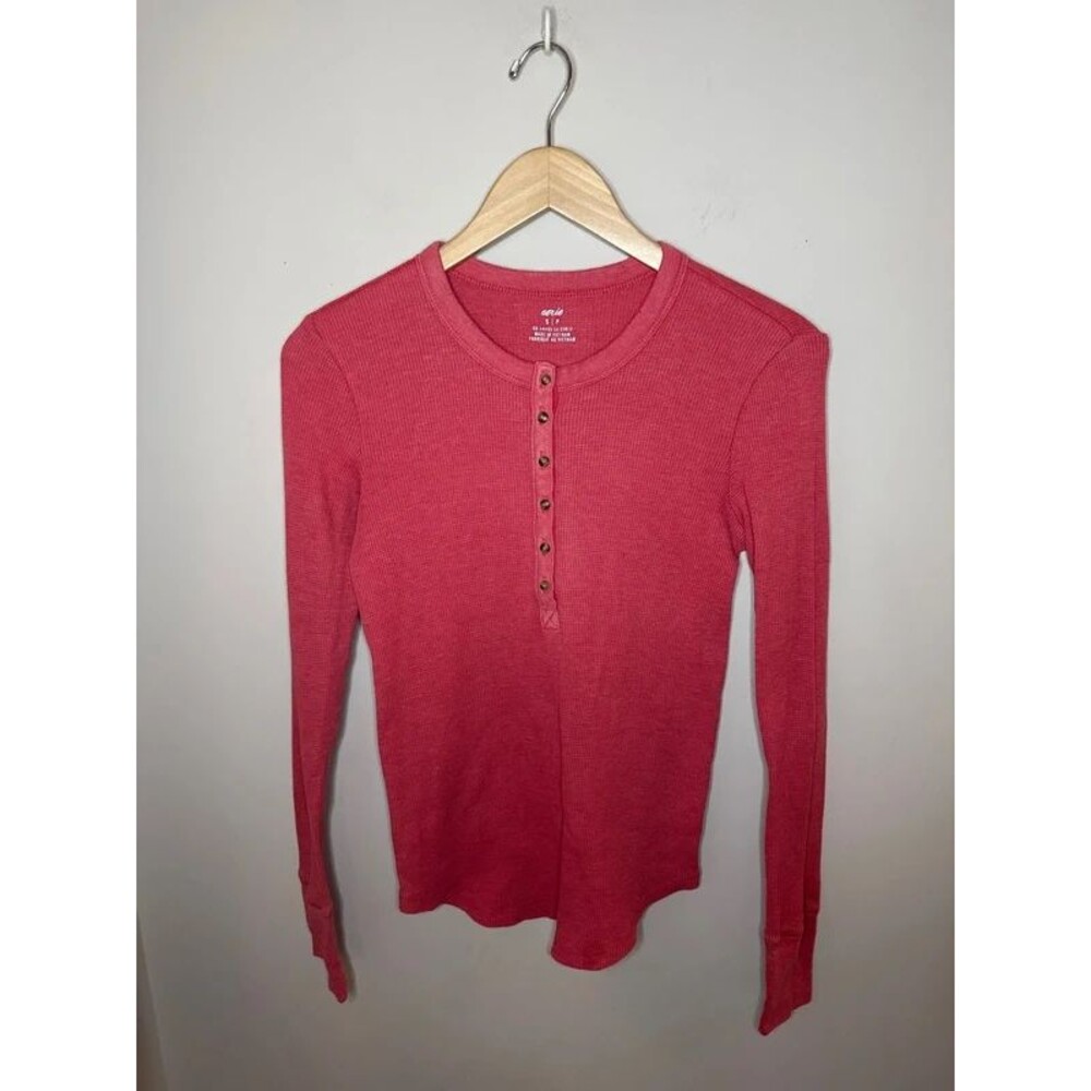 Aerie Waffle Long Sleeve Henley Thermal Top Pink Small